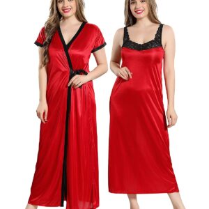 Red Solid Satin Nighty for Women
