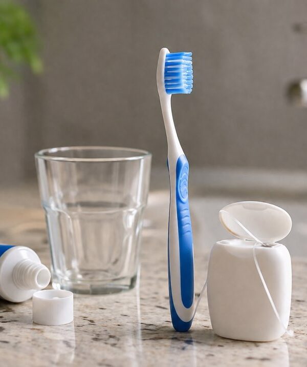 tube of fluoride toothpaste next to a toothbrush on a bathroom counter