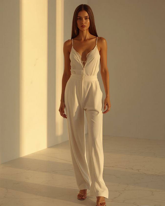 Lace-trim cami top with wide-leg trousers outfit