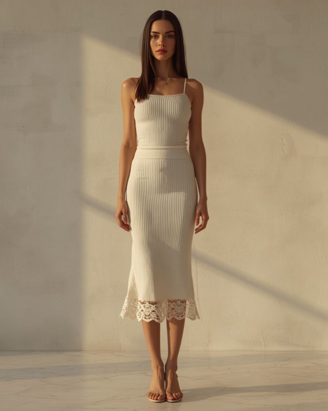 Lace-trim midi skirt with ribbed tank top, casual lace outfit