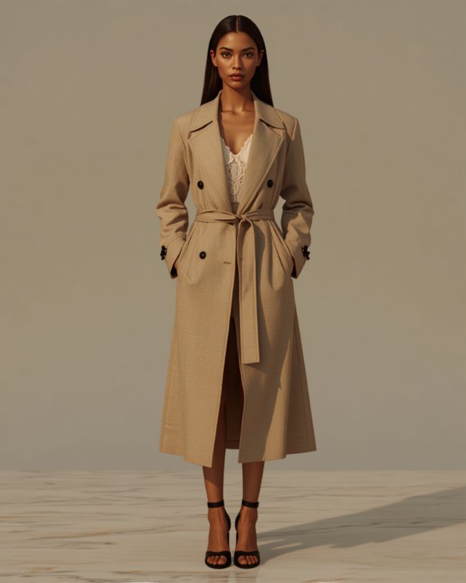 Layered lace cami under a trench coat, transitional lace outfit