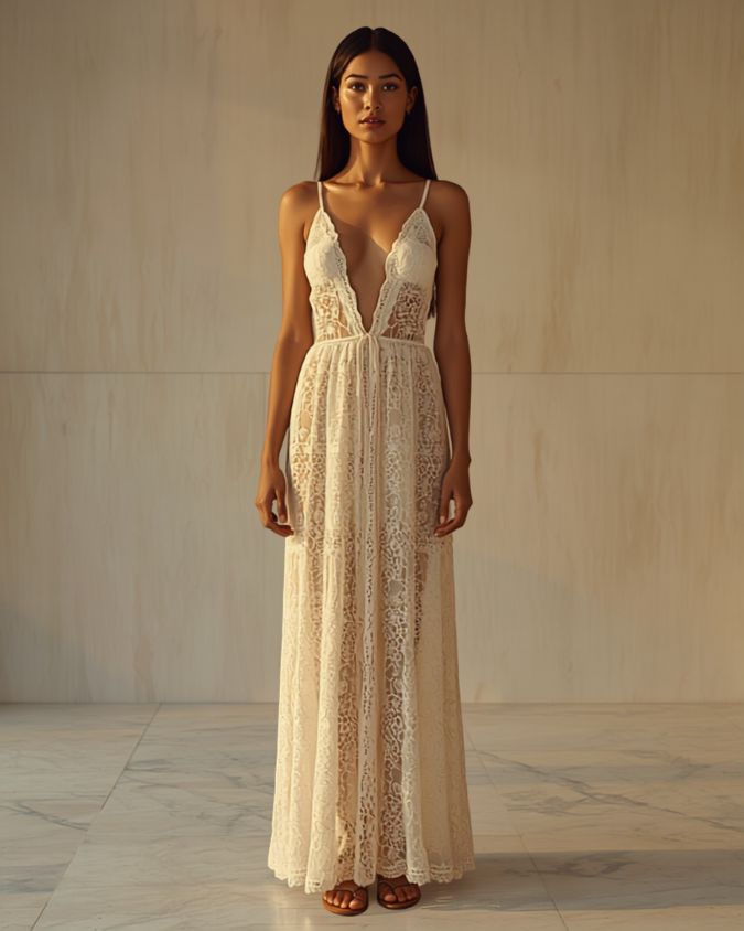 Sheer lace maxi dress with slip underlay, romantic lace outfit
